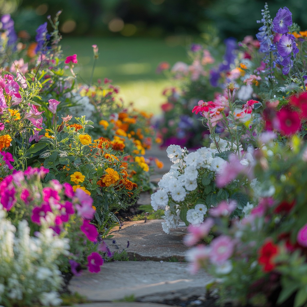 Beautiful flowerbed with colorful seasonal flowers